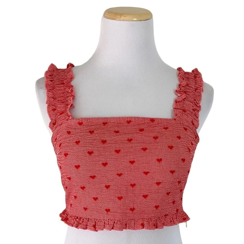 Cider Gingham Check Heart Crop Top Size Small Red - Picture 1 of 12